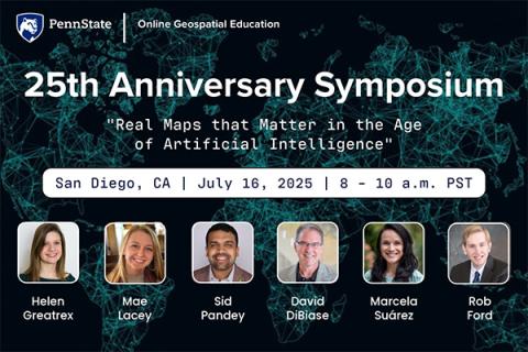 Graphic for Penn State's 25th anniversary symposium featuring headshots of six speakers for the online geospatial program.