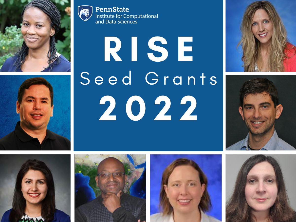 Portraits of eight individuals around a block of text reading, "Rise Seed Grants 2022"