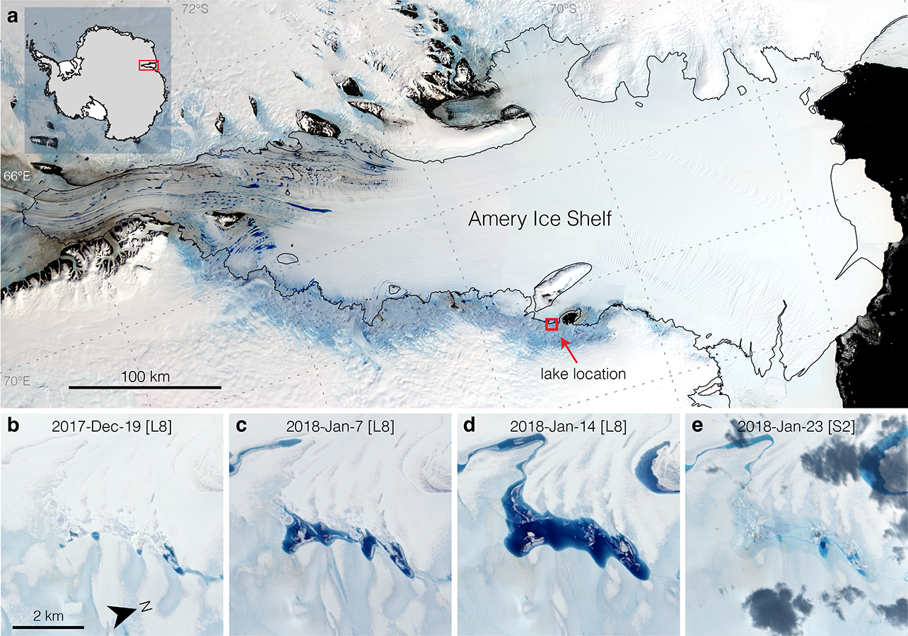 A time series showing a meltwater lake at the grounding line of the Amery Ice Shelf filling then draining